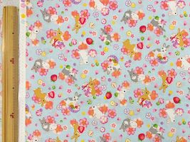 【現品限り特価】うさぎのお花見シーチングプリントペールブルー