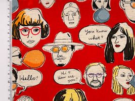 綿麻シーチングプリント ファニーフェイス 「オールフェイス」レッド