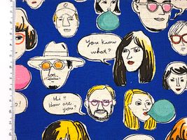 綿麻シーチングプリント ファニーフェイス 「オールフェイス」ブルー