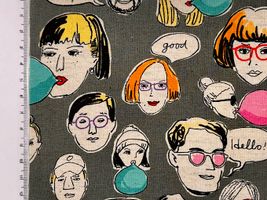 綿麻シーチングプリント ファニーフェイス 「オールフェイス」グレー