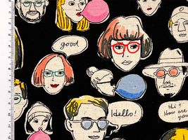 綿麻シーチングプリント ファニーフェイス 「オールフェイス」ブラック