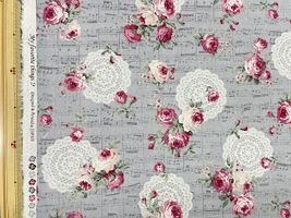 楽譜とバラのエレガントな綿麻キャンバスプリントグレー