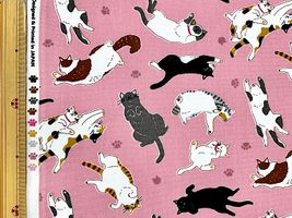 すやすや眠る猫さんのオックスプリントピンク地