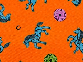 アフリカン調シーチングプリント「ホース」橙×水色