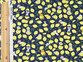 コットンこばやしリップルプリント「レモンねこ」ネイビー