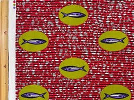 アフリカン調シーチングプリント「魚」レッド地×緑系