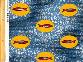 アフリカン調シーチングプリント「魚」ブルー地×マスタード系