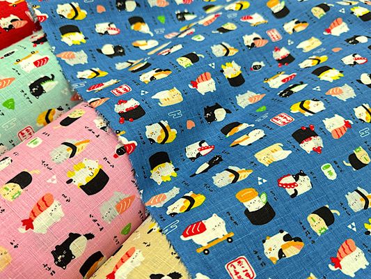 コットンドビープリント「おすしねこ」