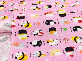 コットンドビープリント「おすしねこ」ピンク