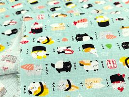 コットンドビープリント「おすしねこ」水色