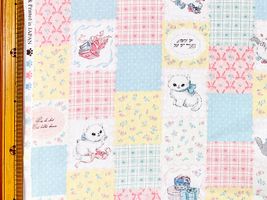 パッチワーク調ネコちゃんのオックスプリントイエロー×水色系