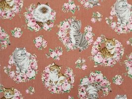 もふもふ♪キャットローズ綿麻キャンバスプリントくすみテラコッタ地