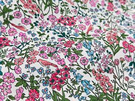 高密度80ローンフラワープリント「小鳥の花園」濃緑×濃ピンク