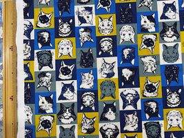 シーチングプリント un/no「ポップアートキャット」ブルー系