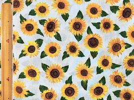 綿麻キャンブリックプリント「満開のひまわり」ライトブルー