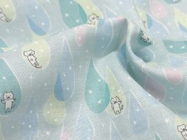 コットンこばやし きらきら雫猫のダブルガーゼプリント水色地