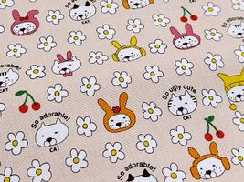 コットンこばやし コットンキャンバスプリント「うさねこ」ライトベージュ