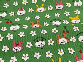 コットンこばやし コットンキャンバスプリント「うさねこ」グリーン