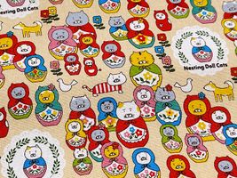 コットンこばやし コットンキャンバスプリント「ネコリョーシカ」ライトベージュ