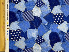 デニム調パッチワークのダブルガーゼプリントブルー