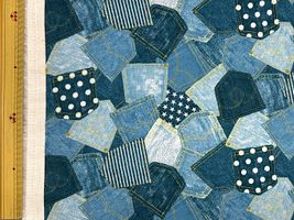 デニム調パッチワークのダブルガーゼプリントビンテージブルー