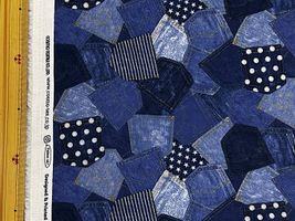 デニム調パッチワークのダブルガーゼプリントネイビー