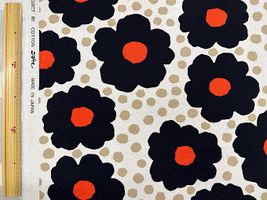 コットンこばやし綿麻キャンバスプリント「エッグフラワー」ブラック花×生成地