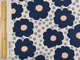 コットンこばやし綿麻キャンバスプリント「エッグフラワー」紺花×生成地
