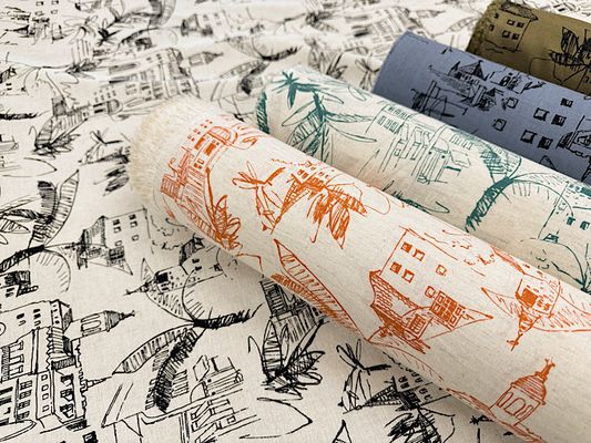 【現品限り特価】アパレル仕様の綿麻シーチングプリント「南国CITY」