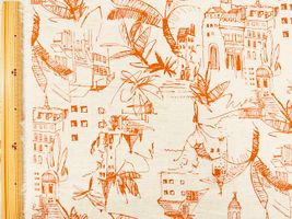 【現品限り特価】アパレル仕様の綿麻シーチングプリント「南国CITY」オレンジ