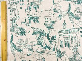 【現品限り特価】アパレル仕様の綿麻シーチングプリント「南国CITY」グリーン