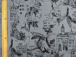 【現品限り特価】アパレル仕様の綿麻シーチングプリント「南国CITY」ブルーグレー