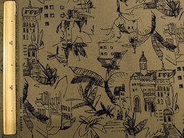 【現品限り特価】アパレル仕様の綿麻シーチングプリント「南国CITY」カーキ