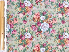 YUWA綿麻キャンバスプリント「アンティークローズ」ライトグリーン地