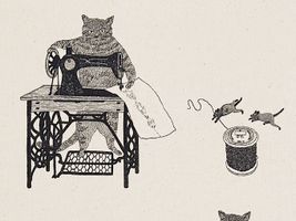 オックスプリント「猫のミシンかけ」_拡大イメージ