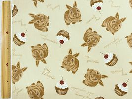 【現品限り特価】ウサギとカップケーキのカワイイオックスプリントソフトグリーン