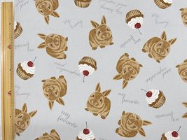 【現品限り特価】ウサギとカップケーキのカワイイオックスプリントくすみブルー