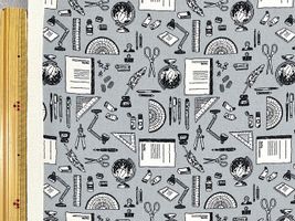 大塚屋オリジナルプリント「文具好きのためのオックスプリント」ラミネートグレー