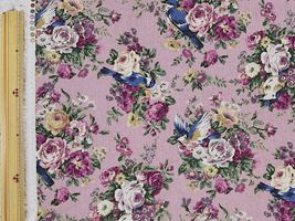 【現品限り特価】北欧調綿麻キャンバスプリント「青い鳥とローズ」ピンク