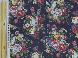 【現品限り特価】北欧調綿麻キャンバスプリント「青い鳥とローズ」ネイビー