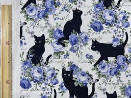 北欧調綿麻キャンバスプリント「ロココ調の薔薇と黒猫」_拡大イメージ