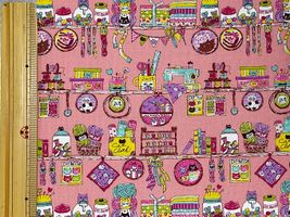 にゃんともかわいいシーチングプリント「にゃんこ手芸店」コーラルピンク
