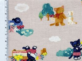 シーチングプリント nunomonogatari「ねこのお花屋さん」ベージュ