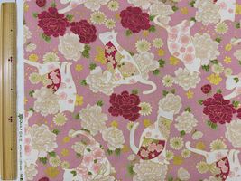 「百華繚蘭」猫と扇子とお花模様ピンク