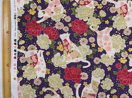 「百華繚蘭」猫と扇子とお花模様パープル