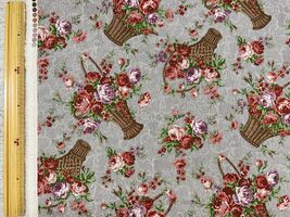 綿麻キャンバスプリント「薔薇いっぱいのバスケット」グレー