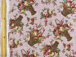 綿麻キャンバスプリント「薔薇いっぱいのバスケット」くすみピンク