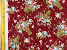 綿麻キャンバスプリント「薔薇いっぱいのバスケット」ローズレッド