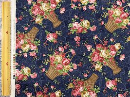 綿麻キャンバスプリント「薔薇いっぱいのバスケット」ネイビー