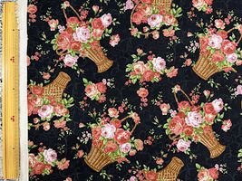 綿麻キャンバスプリント「薔薇いっぱいのバスケット」ブラック